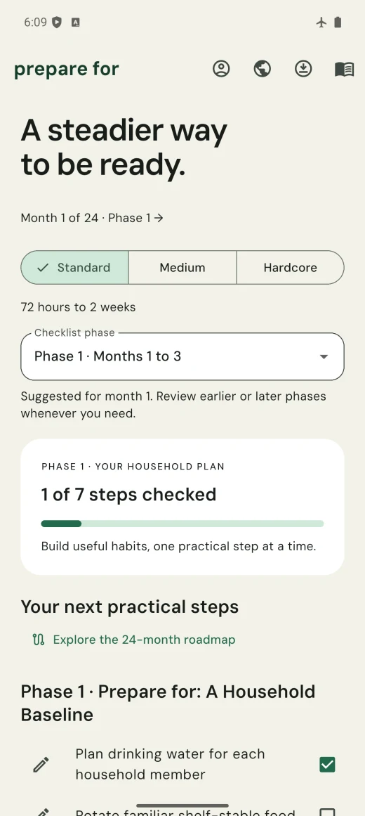 Android review build showing the household plan, three readiness modes and phase-one progress